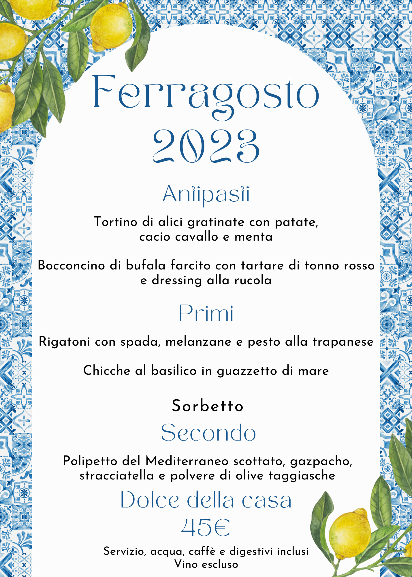 Maioliche Sicilia Blu Elegante Illustrazione Matrimonio Menù